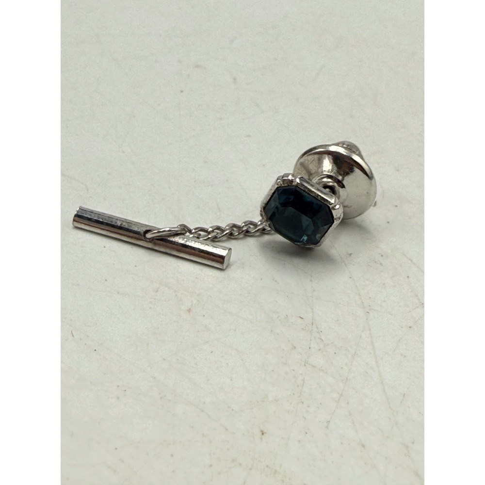 Vintage Silver Tone Blue Stone Tie Tack with Safety Chain Emerald Cut Glass